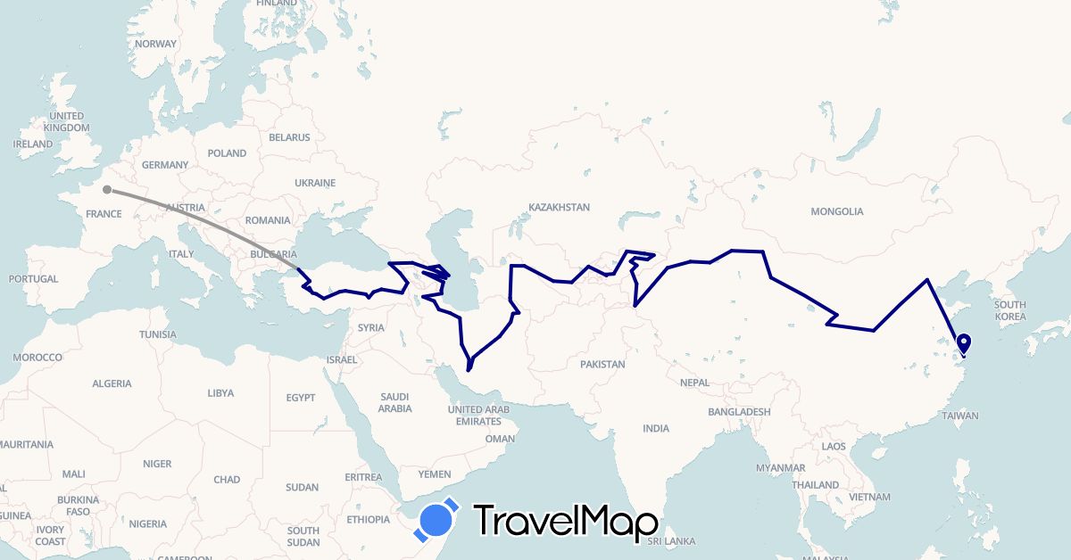 TravelMap itinerary: driving, plane in Azerbaijan, China, France, Georgia, Iran, Kyrgyzstan, Turkmenistan, Turkey, Uzbekistan (Asia, Europe)